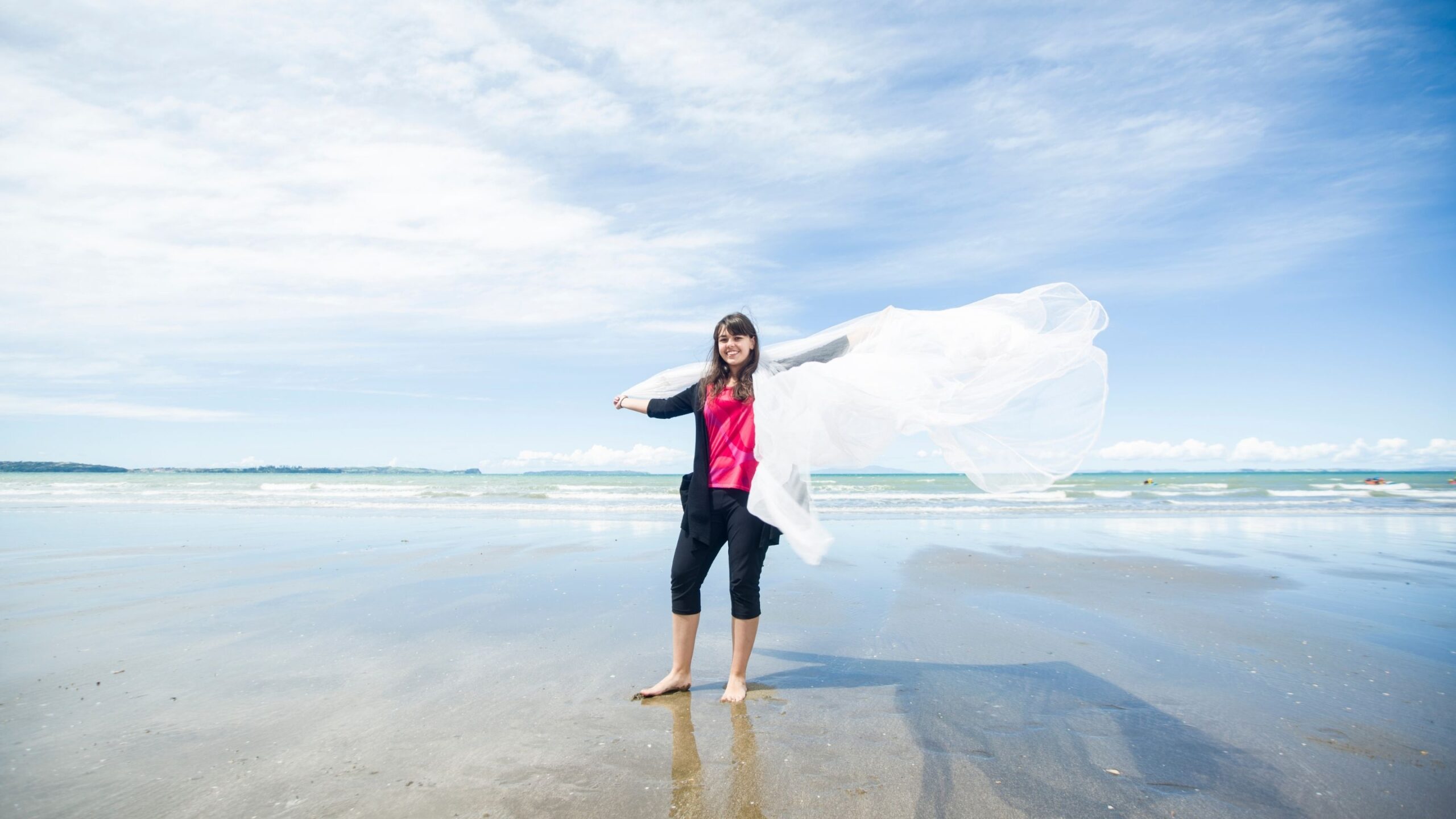 Woman enjoying at sea beach nature wallpaper