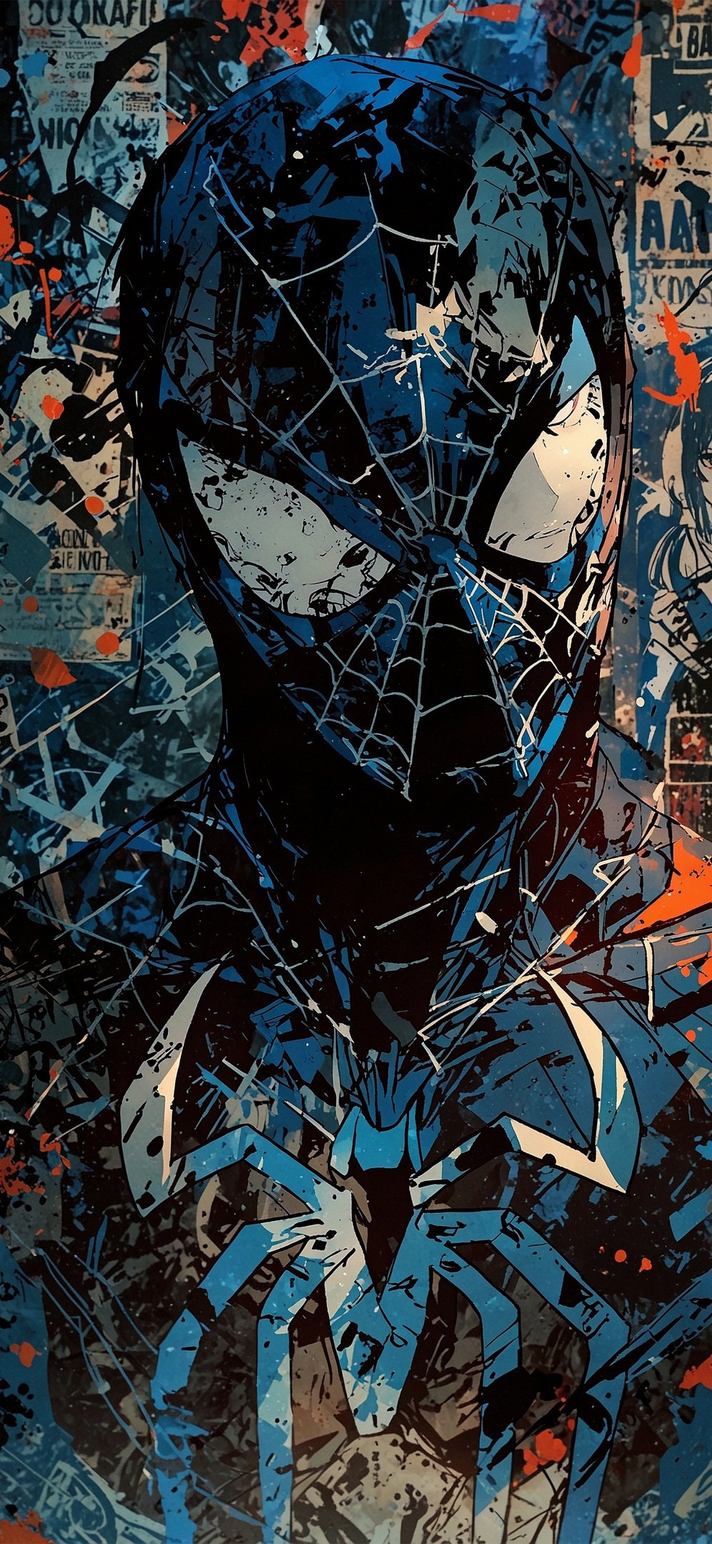 Abstract Spider-Man in black suit with dynamic patterns, highlighting his mysterious presence | Blue, Black, Orange | 4K Wallpaper for Mobile